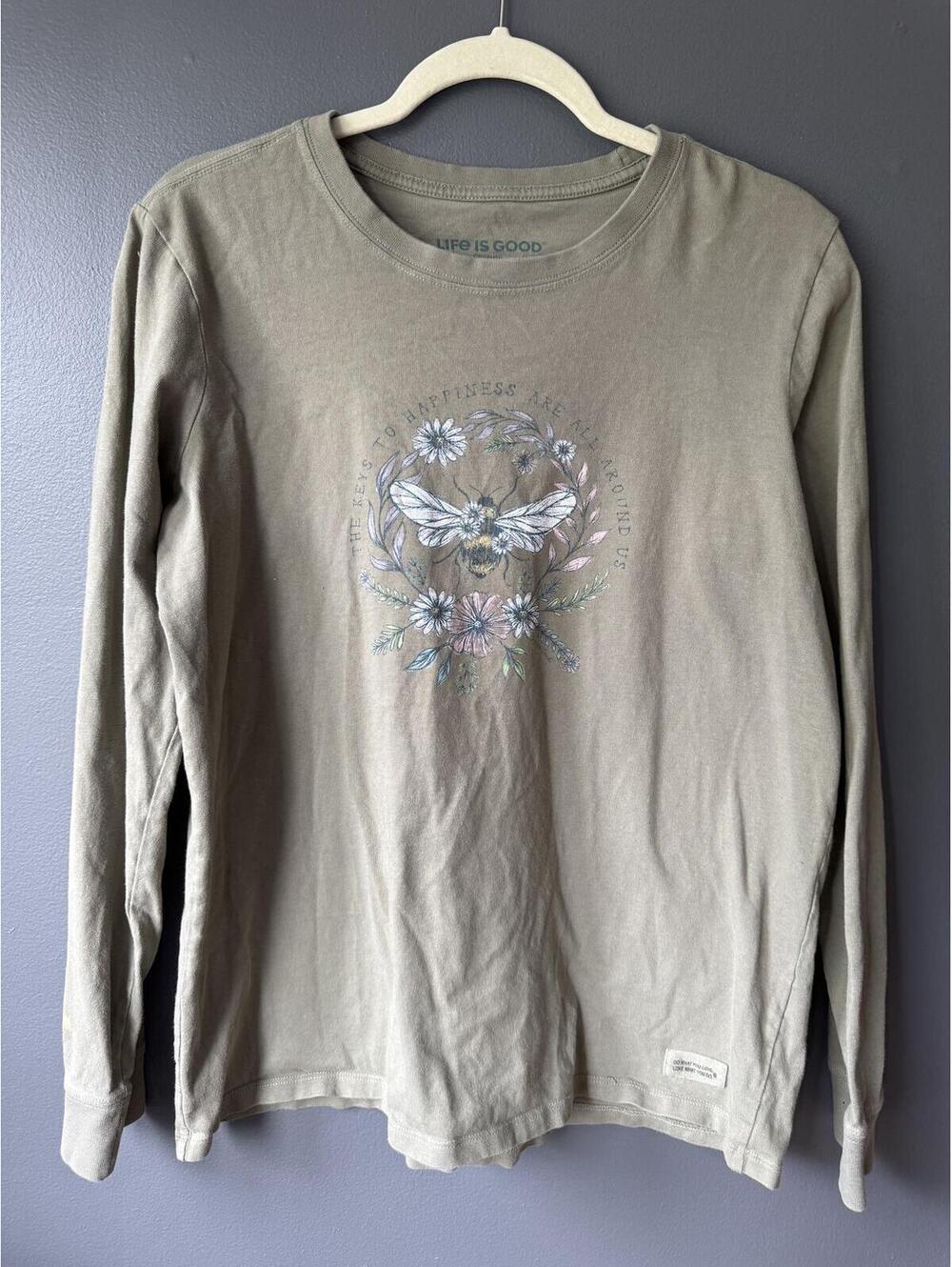 Life is Good Women's Long Sleeve Graphic Tee Khaki Size L
